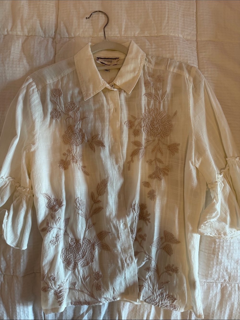 Johnny Was Cream Button-Front Blouse with Taupe Floral Embroidery